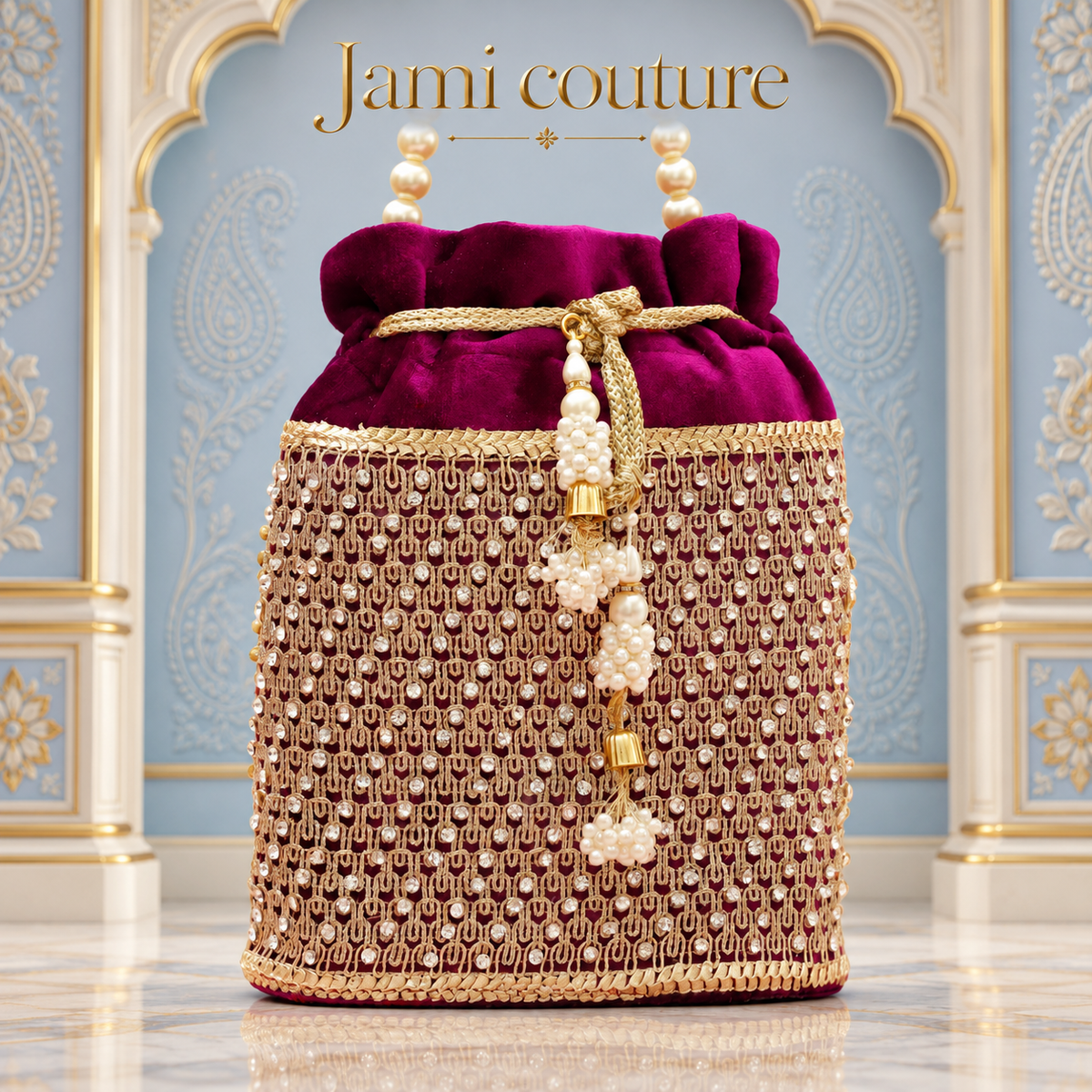 Magenta Velvet Potli Bag with Pearl Beadwork & Gold Trim | Pearl Handle Clutch