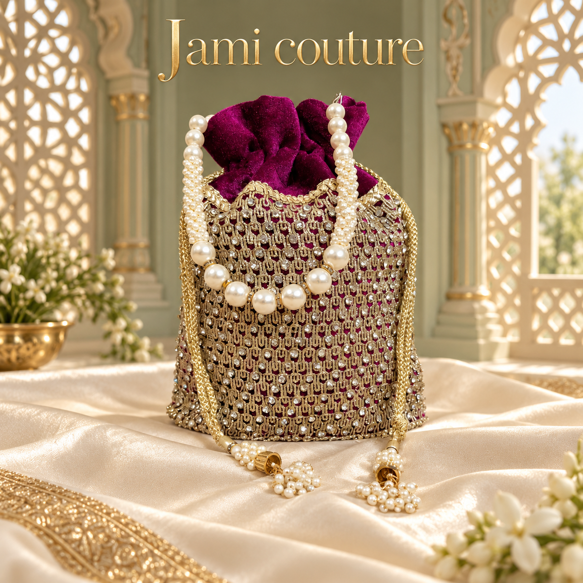 Magenta Velvet Potli Bag with Pearl Beadwork & Gold Trim | Pearl Handle Clutch