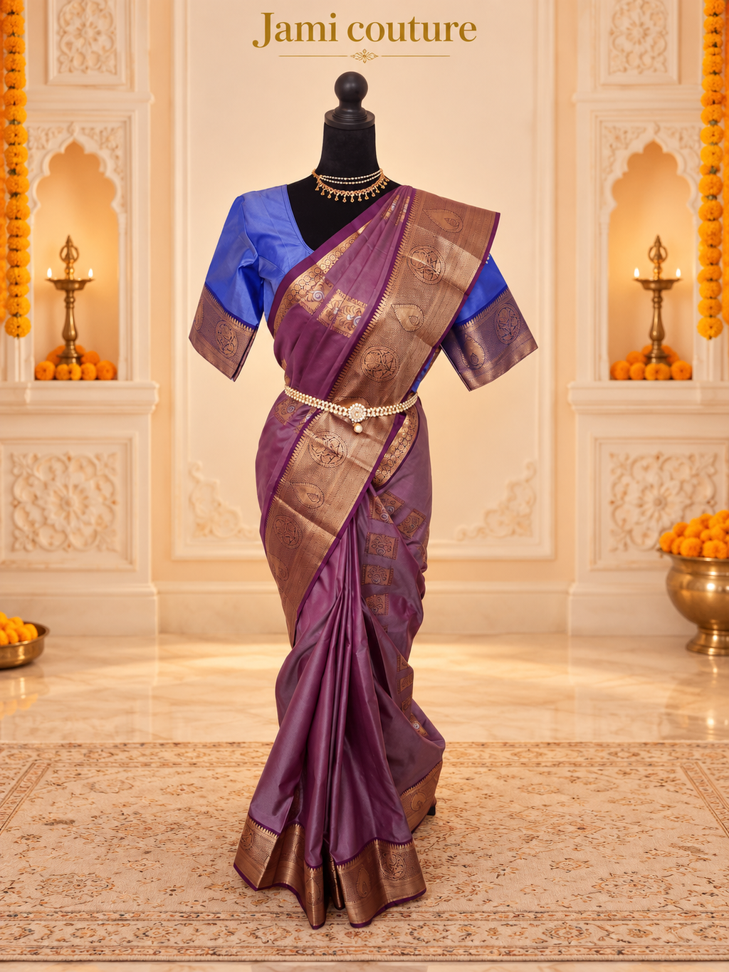 Mauve Purple Kanchipuram Silk Saree with Copper Zari Border & Royal Blue Contrast Blouse