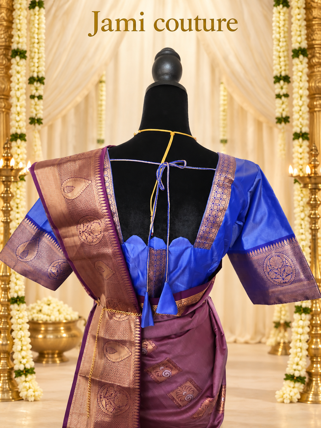 Mauve Purple Kanchipuram Silk Saree with Copper Zari Border & Royal Blue Contrast Blouse