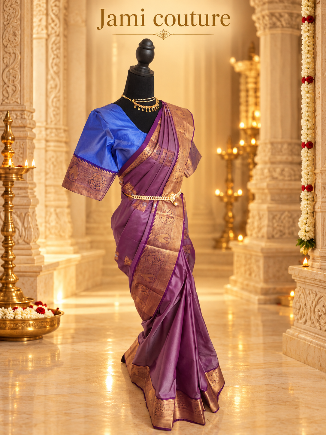 Mauve Purple Kanchipuram Silk Saree with Copper Zari Border & Royal Blue Contrast Blouse
