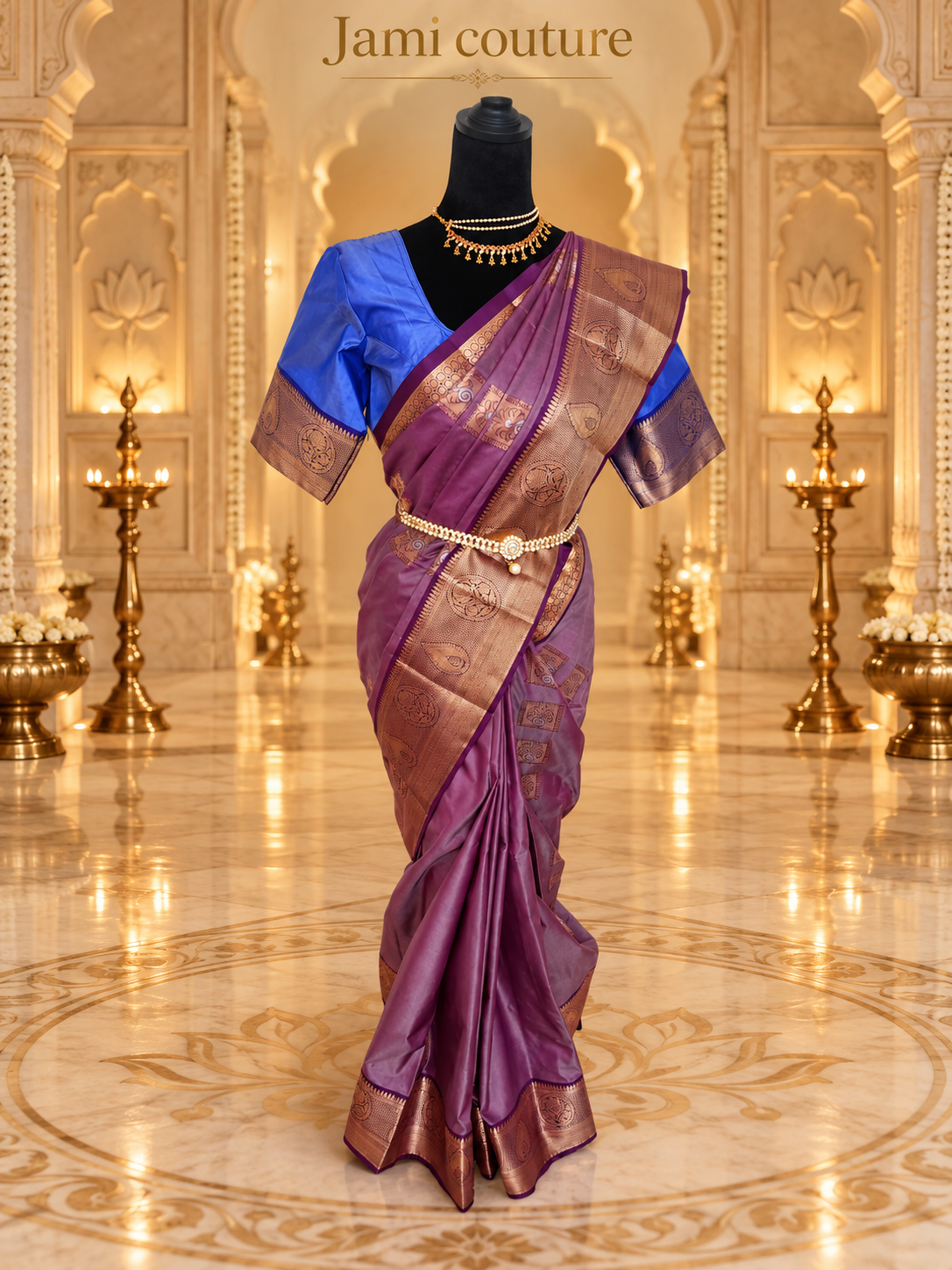 Mauve Purple Kanchipuram Silk Saree with Copper Zari Border & Royal Blue Contrast Blouse