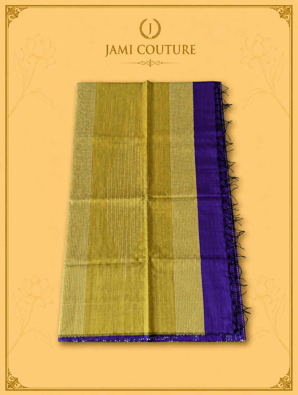 A folded traditional Indian silk saree or scarf from Jami Couture, featuring vertical stripes of olive green, mustard yellow, and a deep purple border with black fringe, set against a warm beige background with the brand logo at the top.