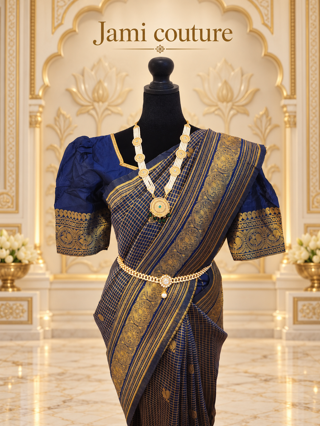 Navy Banarasi Soft Silk Saree, Zari Peacock Border