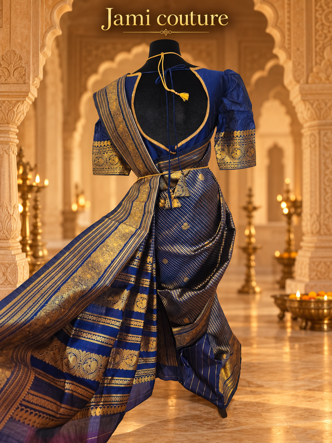 Navy Banarasi Soft Silk Saree, Zari Peacock Border
