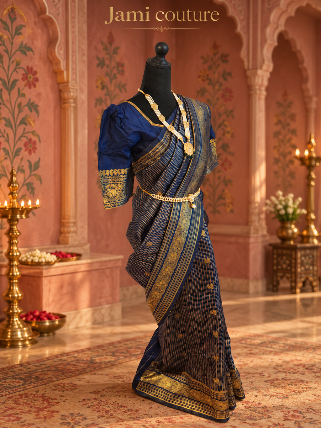 Navy Banarasi Soft Silk Saree, Zari Peacock Border