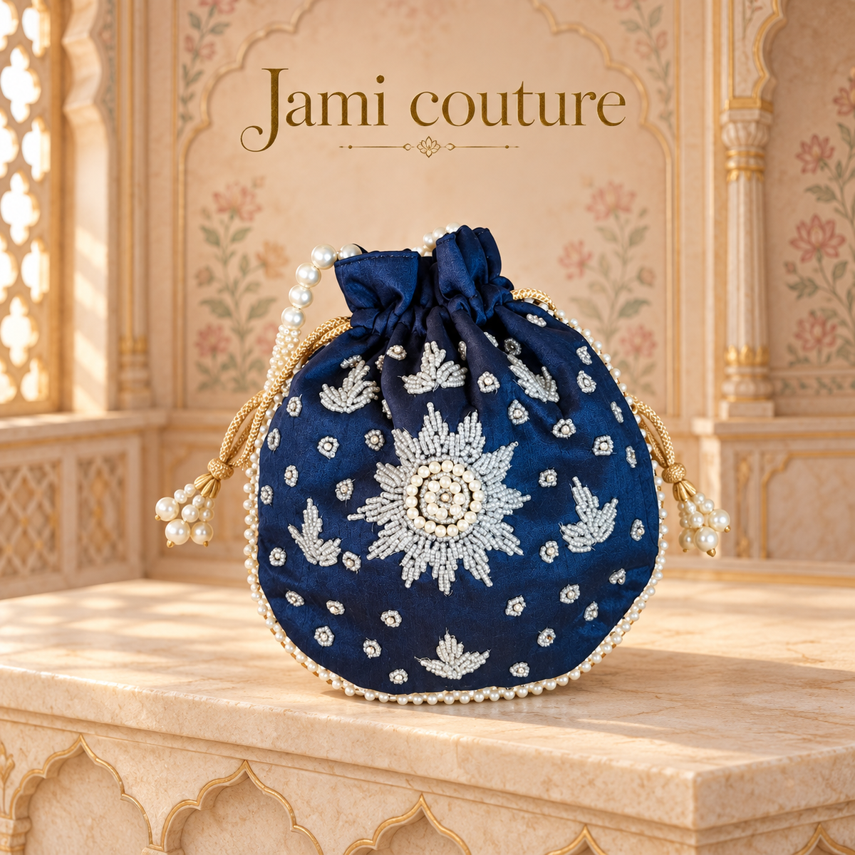 Navy Blue Pearl Beadwork Potli Bag with Floral Embroidery | Pearl Handle Clutch