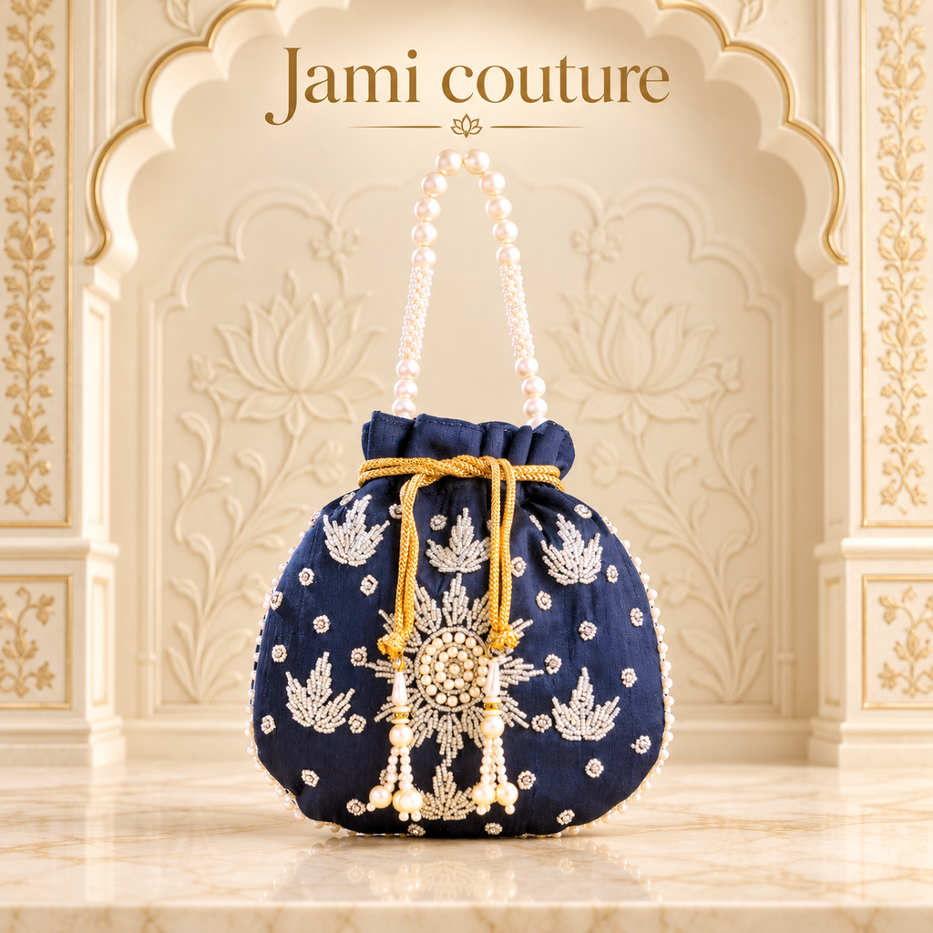 Navy Blue Pearl Beadwork Potli Bag with Floral Embroidery | Pearl Handle Clutch