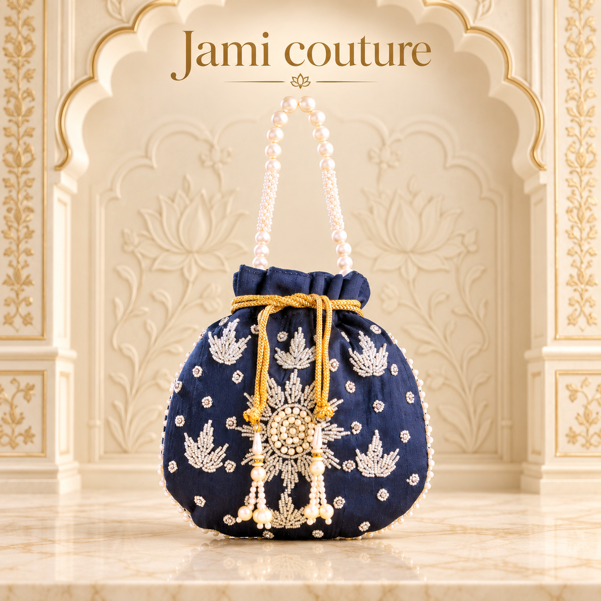 Navy Blue Pearl Beadwork Potli Bag with Floral Embroidery | Pearl Handle Clutch