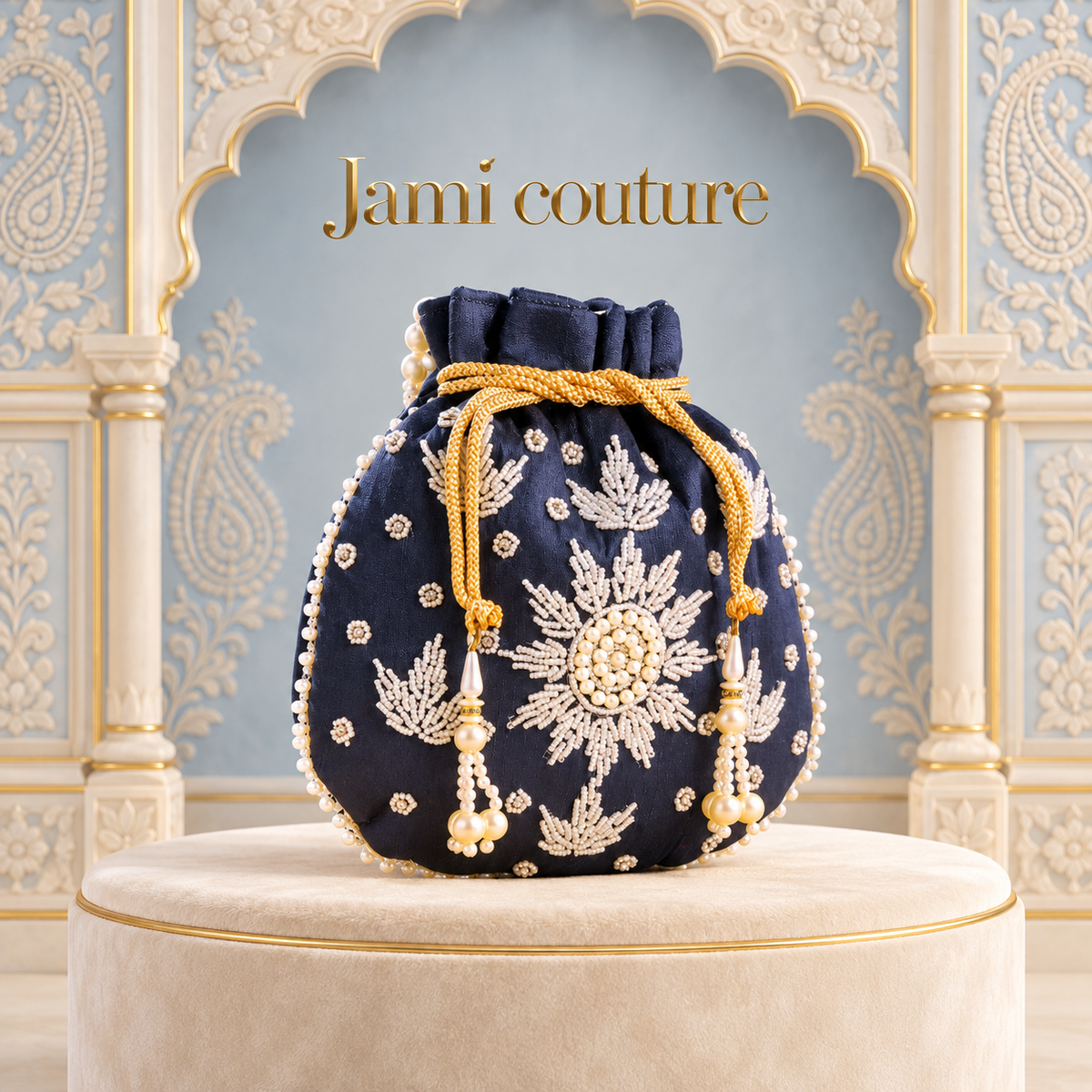 Navy Blue Pearl Beadwork Potli Bag with Floral Embroidery | Pearl Handle Clutch