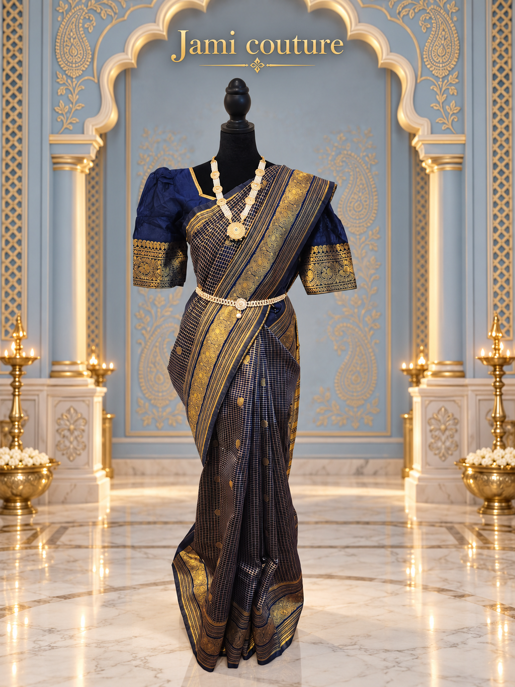 Navy Banarasi Soft Silk Saree, Zari Peacock Border
