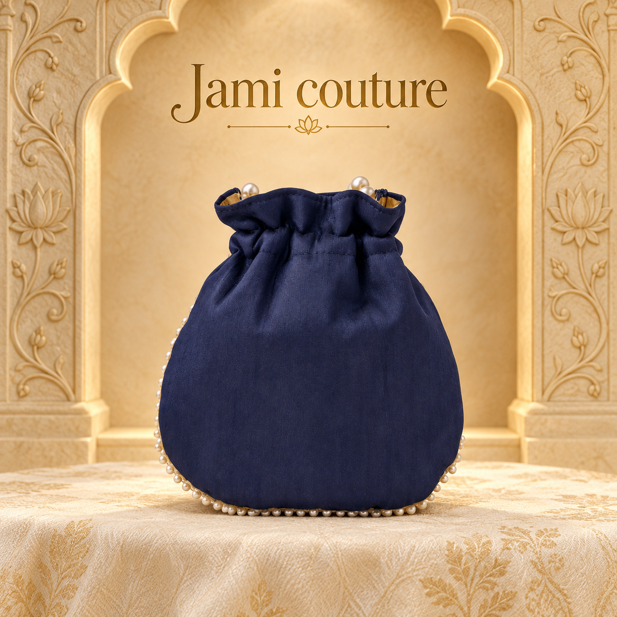 Navy Blue Pearl Beadwork Potli Bag with Floral Embroidery | Pearl Handle Clutch
