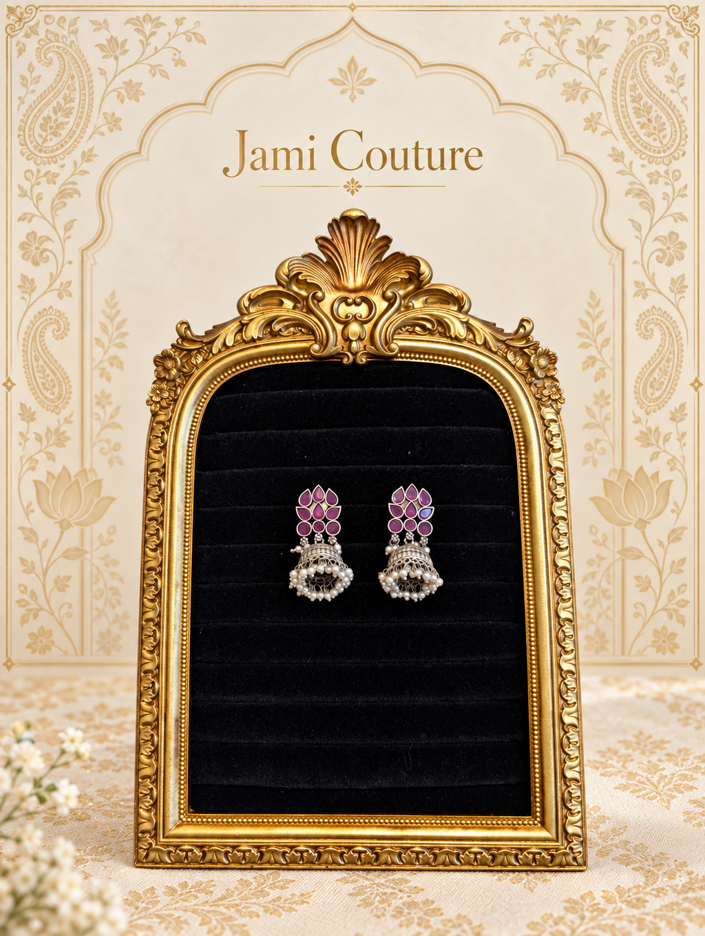 Oxidised Silver Ruby Lotus Jhumka Earrings with Pearl Cluster Fringe | Temple Style