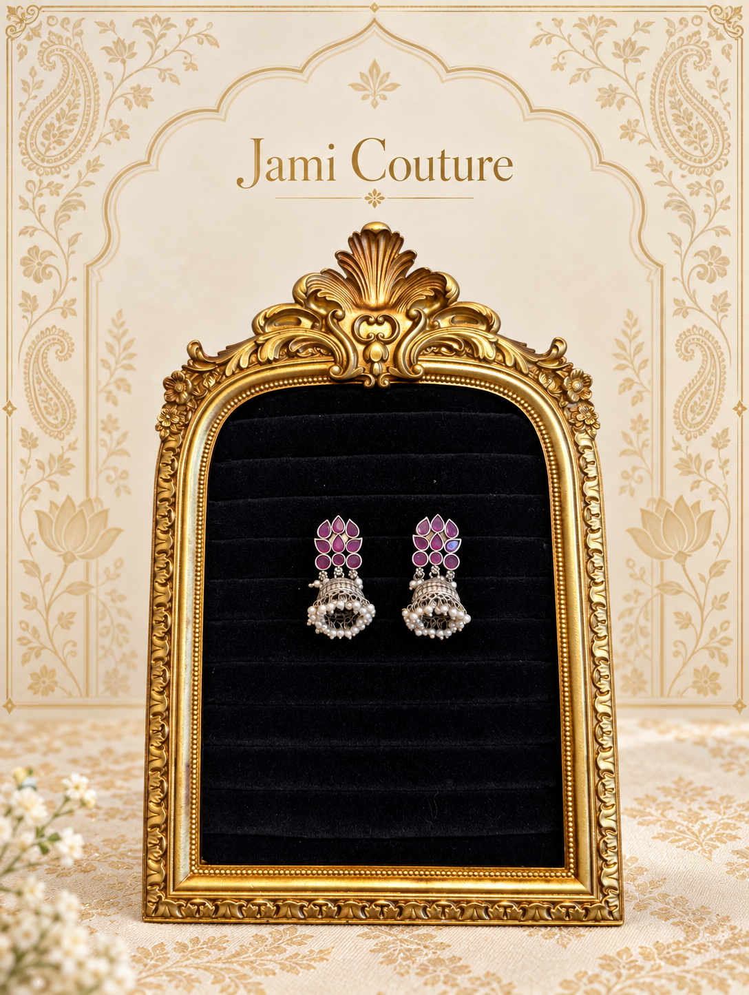 Oxidised Silver Ruby Lotus Jhumka Earrings with Pearl Cluster Fringe | Temple Style