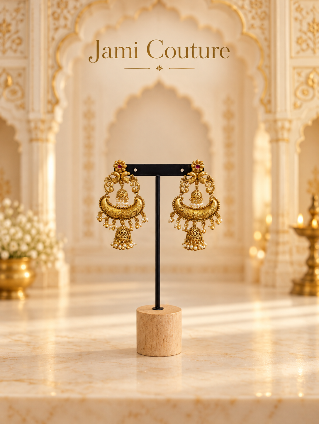 Antique Gold Peacock Chandbali Jhumka Earrings with Pearl Detailing | Matte Gold