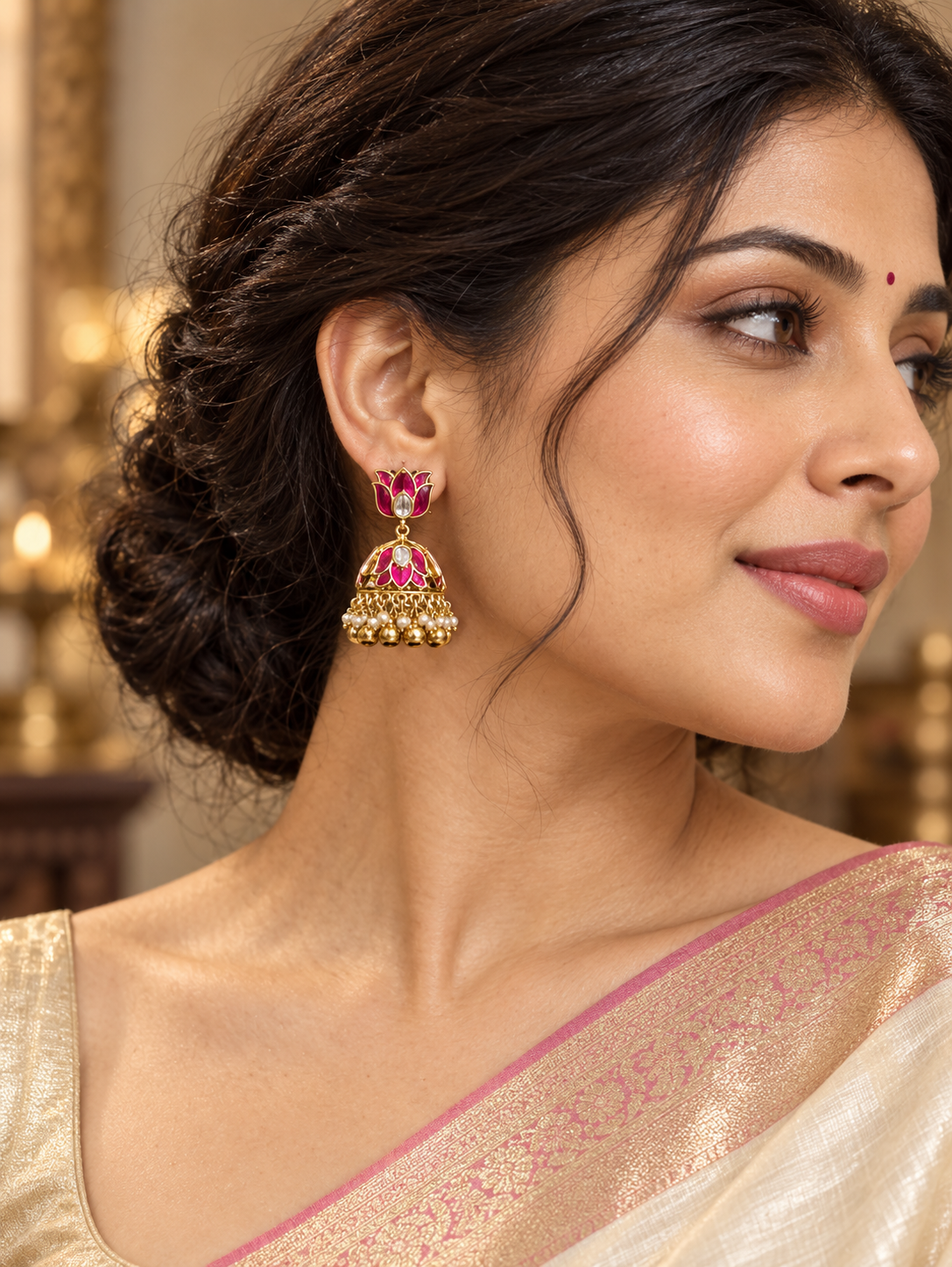 Ruby Red Pearl EarRuby Lotus Jadau Jhumka Earrings with Gold Bead & Pearl Fringe | Antique Matte Gold