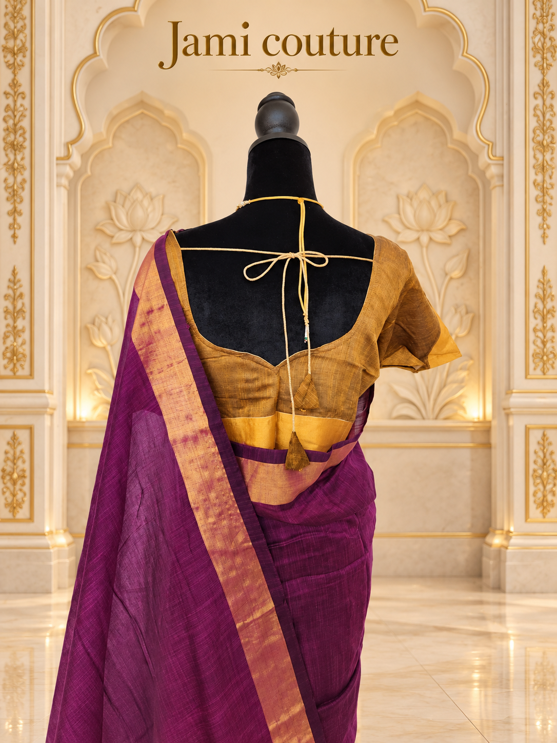 Magenta & Mustard Premium Khadi Cotton Saree with Gold Zari Border | Mustard Contrast Blouse