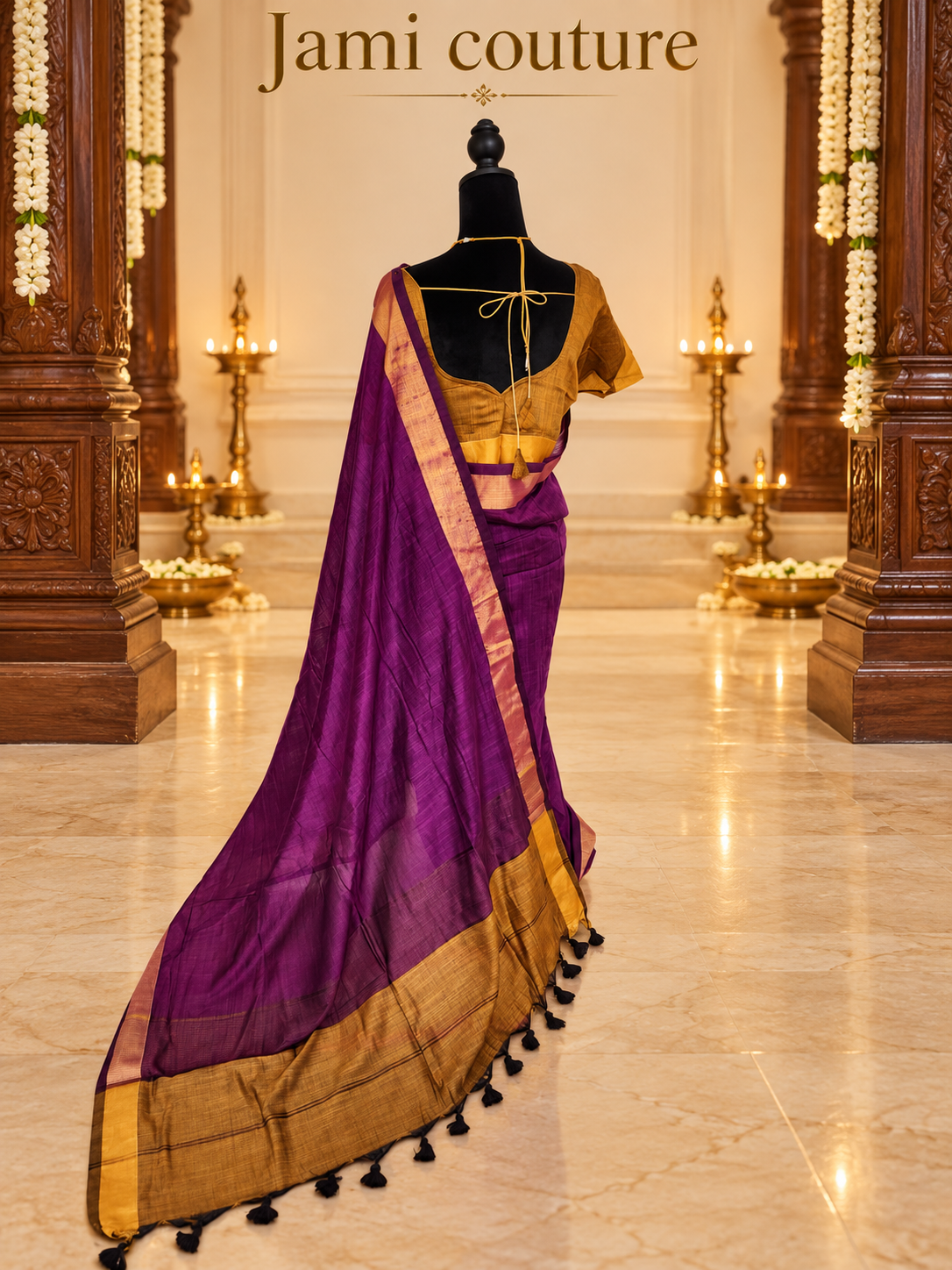 Magenta & Mustard Premium Khadi Cotton Saree with Gold Zari Border | Mustard Contrast Blouse