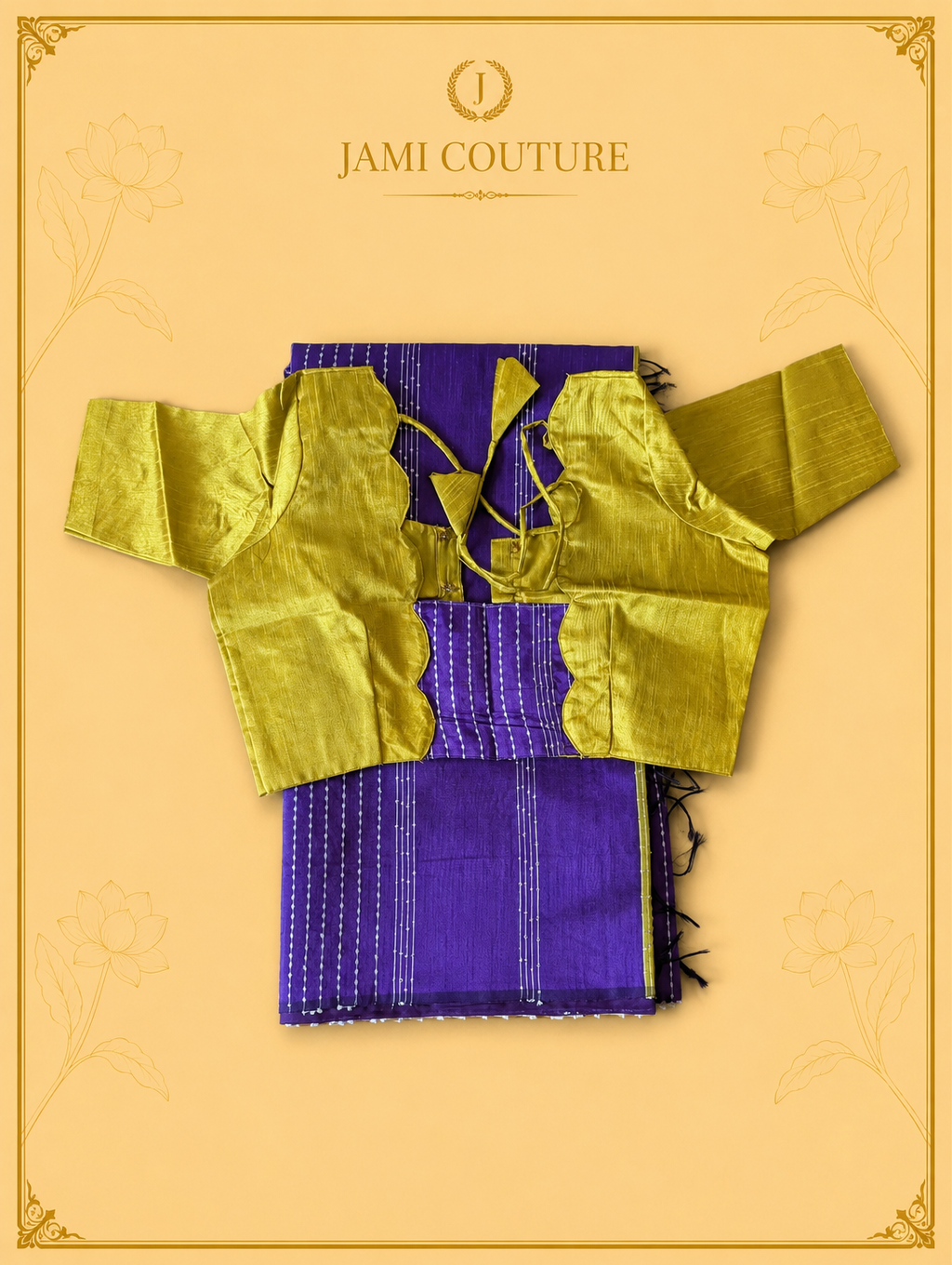 A traditional Indian outfit consisting of a purple and blue patterned skirt and a matching yellow blouse, presented on a beige background with 'JAMI COUTURE' branding at the top.