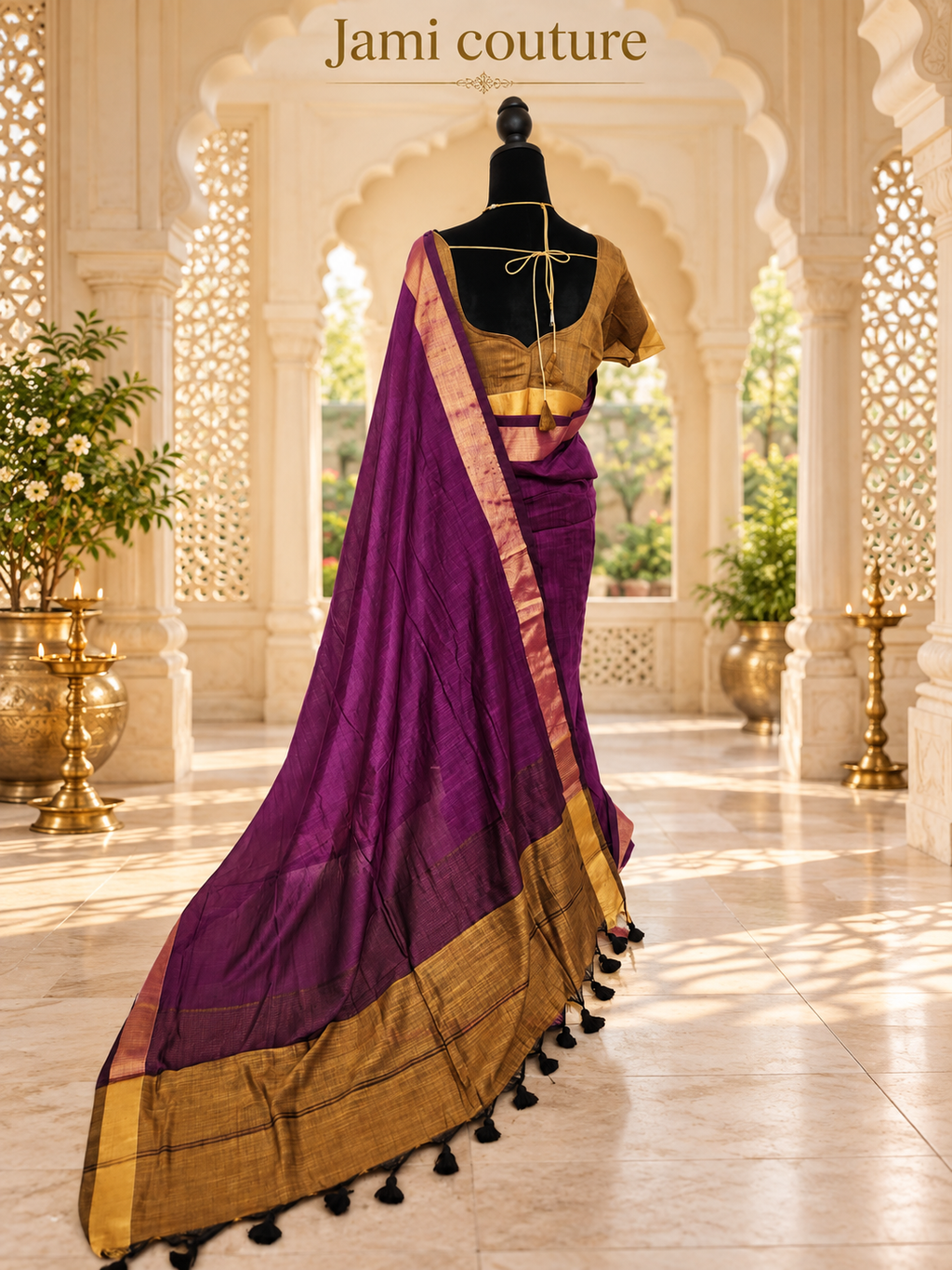 Magenta & Mustard Premium Khadi Cotton Saree with Gold Zari Border | Mustard Contrast Blouse
