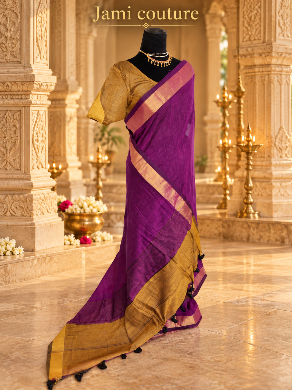 Magenta & Mustard Premium Khadi Cotton Saree with Gold Zari Border | Mustard Contrast Blouse