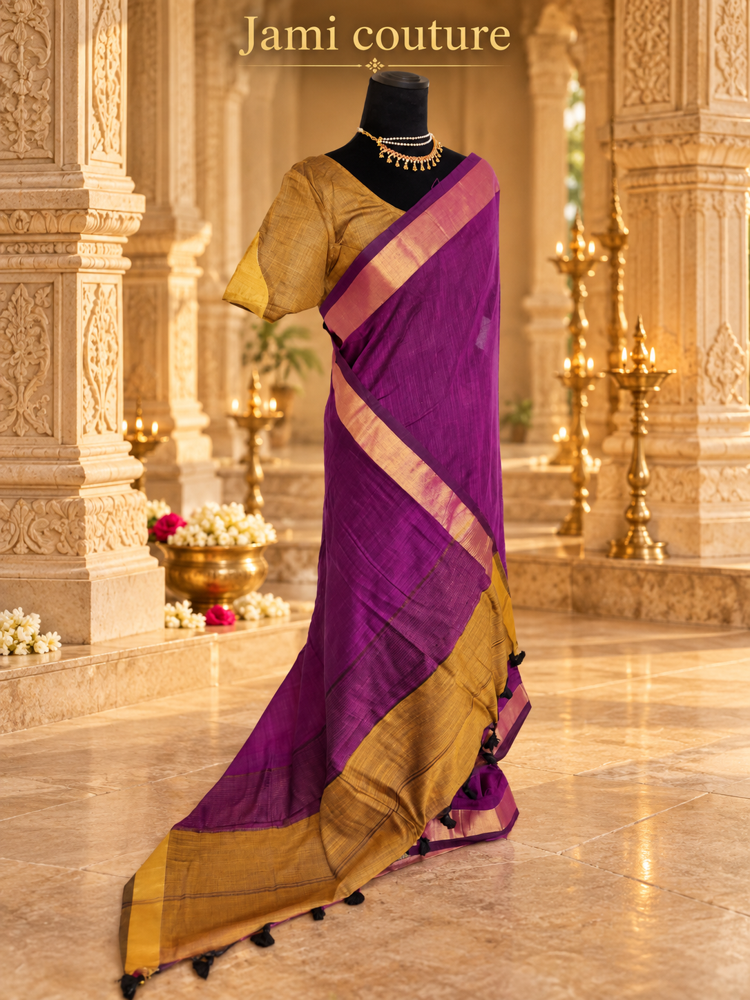 Magenta & Mustard Premium Khadi Cotton Saree with Gold Zari Border | Mustard Contrast Blouse