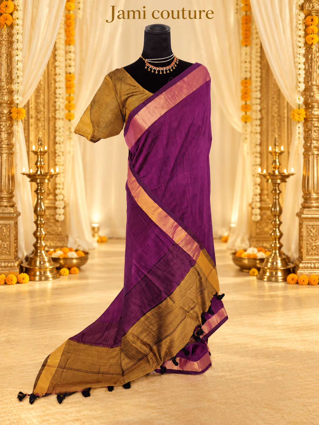 Magenta & Mustard Premium Khadi Cotton Saree with Gold Zari Border | Mustard Contrast Blouse
