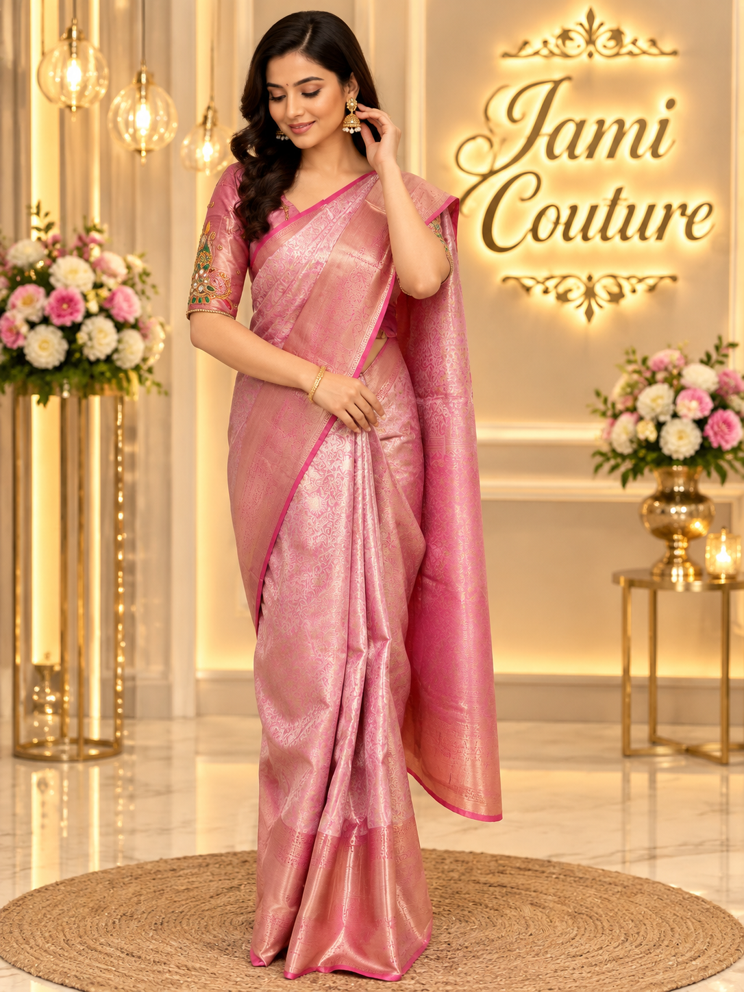 Baby Pink Kanchivaram Silk Saree, Maggam Blouse