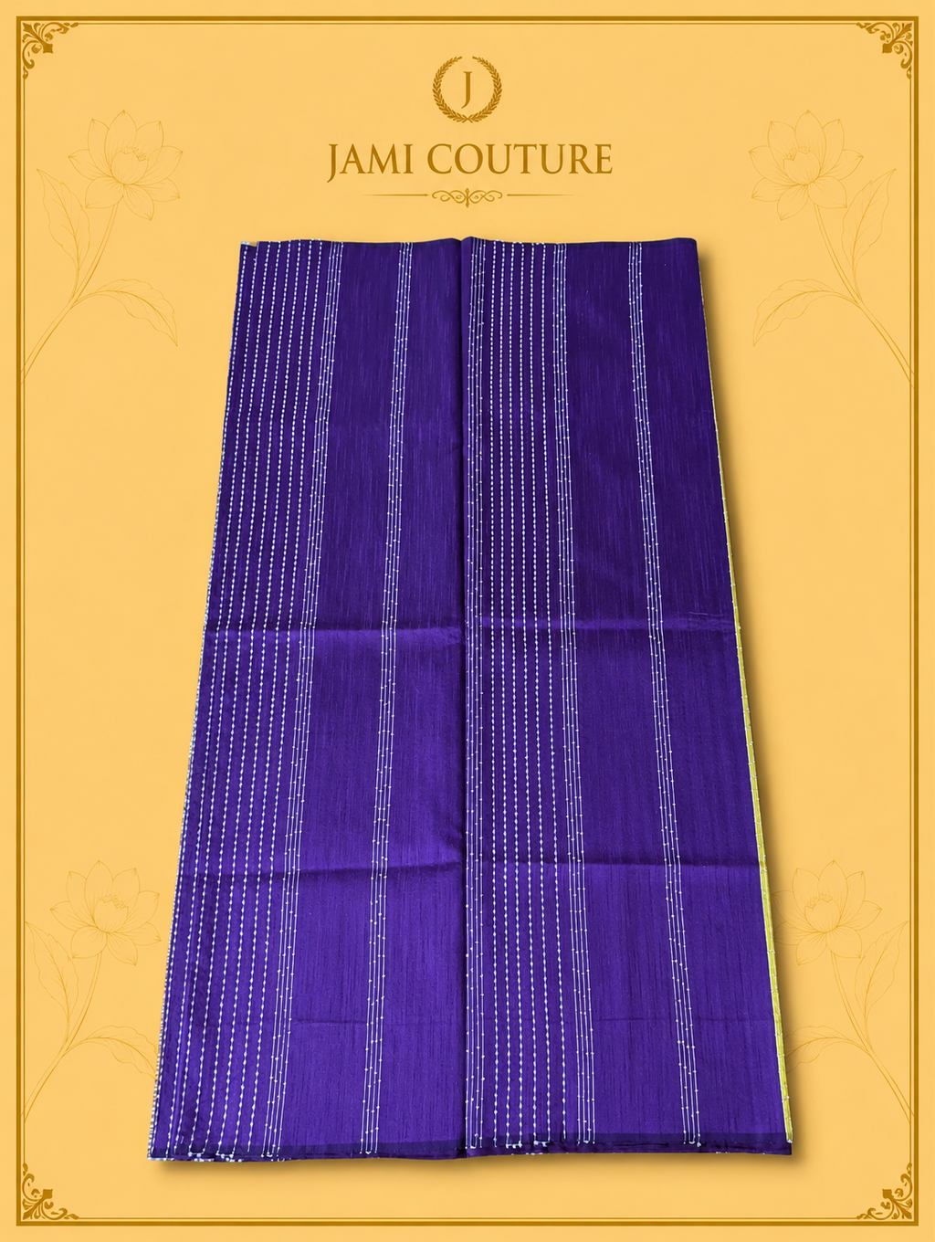 A folded purple saree with vertical white and silver stripes, presented on a yellow background with the brand name 'JAMI COUTURE' at the top.