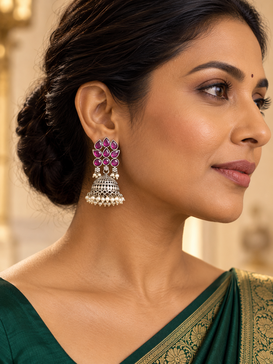 Oxidised Silver Ruby Lotus Jhumka Earrings with Pearl Cluster Fringe | Temple Style
