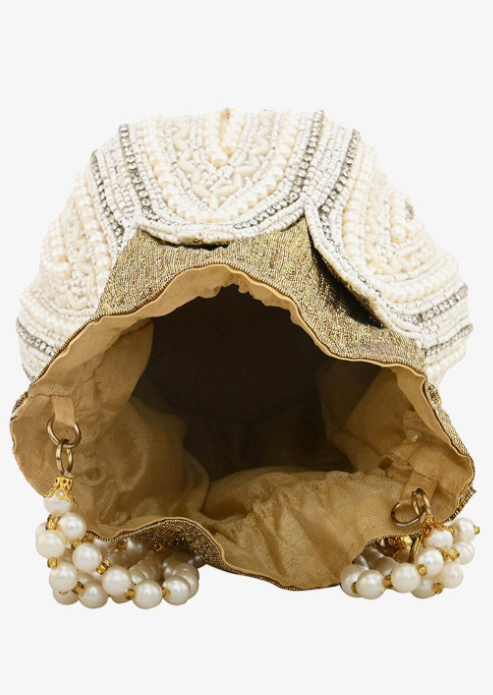 Gold-Toned and White Embellished Potli Clutch