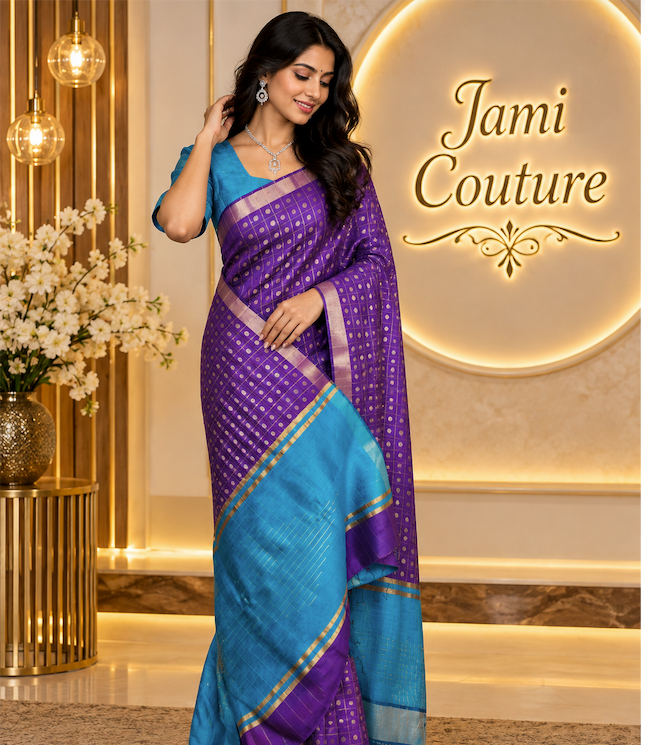 Purple & Turquoise Silk Cotton Saree, 1000 Butta Weave