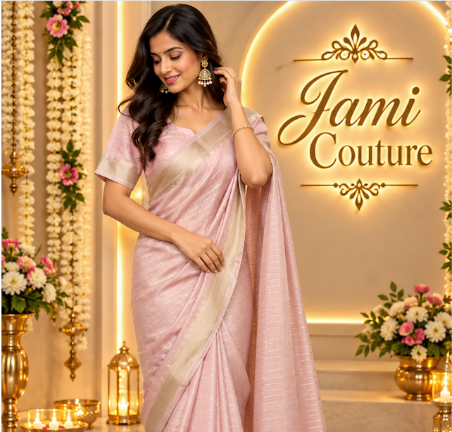Baby Pink Tissue Organza Saree, Gold Zari Checks