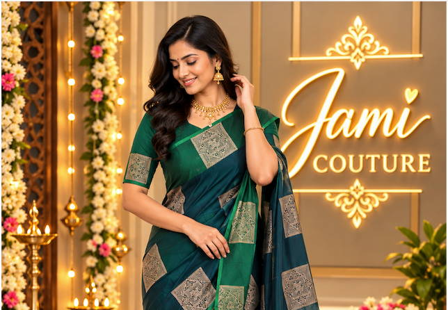 Bottle Green Kanchi Silk Cotton Saree, Gold Zari Brocade