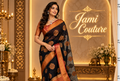 Navy Jute Linen Saree, Copper Motifs & Red Border