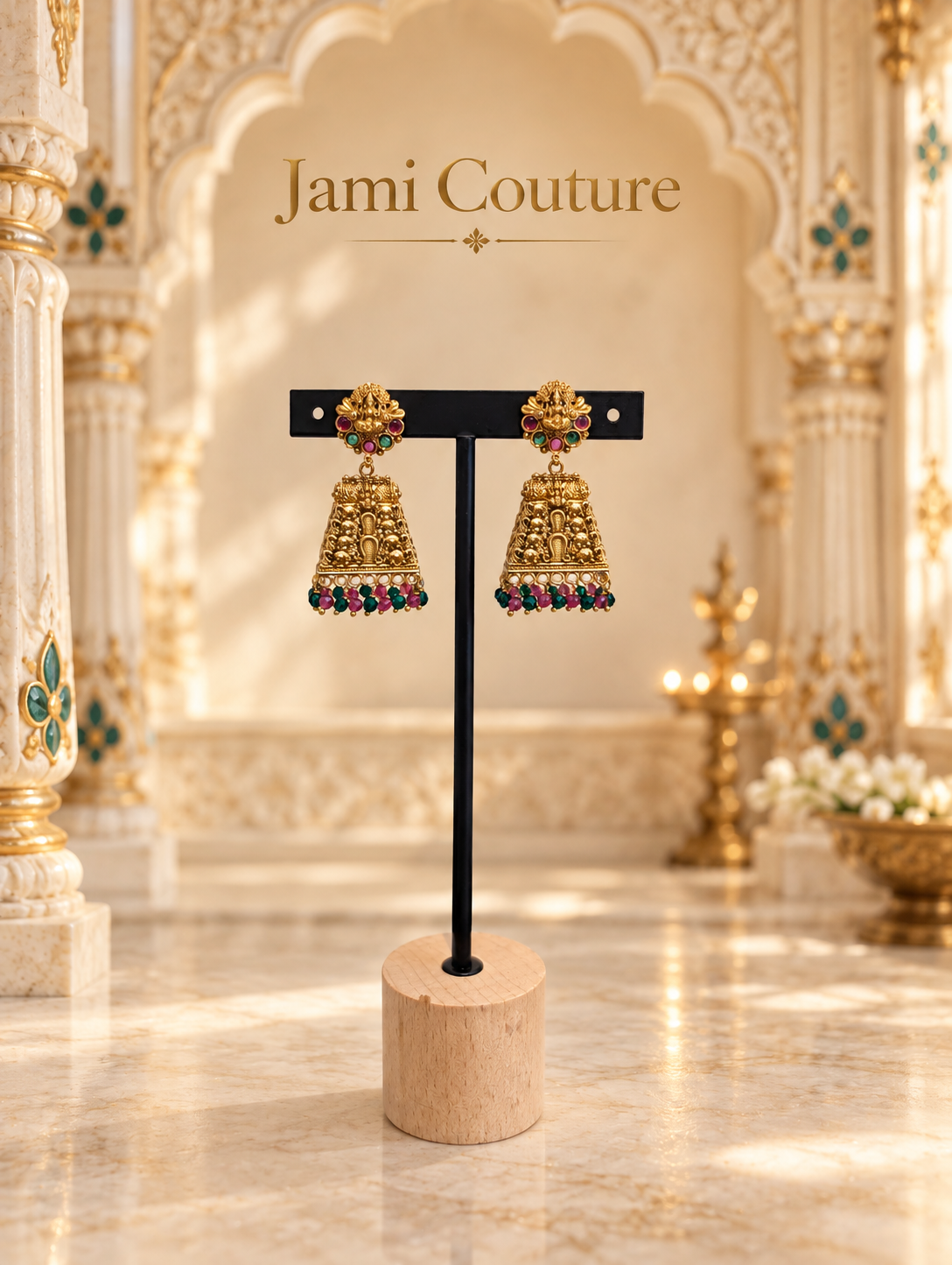 Temple Lakshmi Jhumka Earrings with Ruby, Emerald & Bead Detailing | Antique Matte Gold