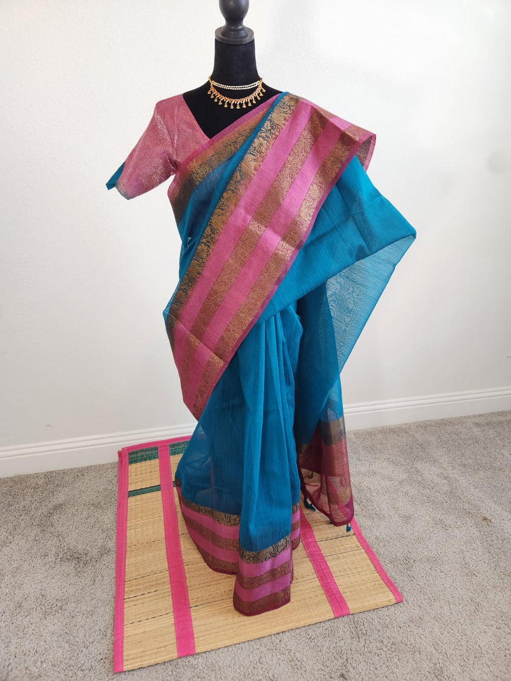 Blue & Baby Pink Jute Silk Saree with Double Gap Border