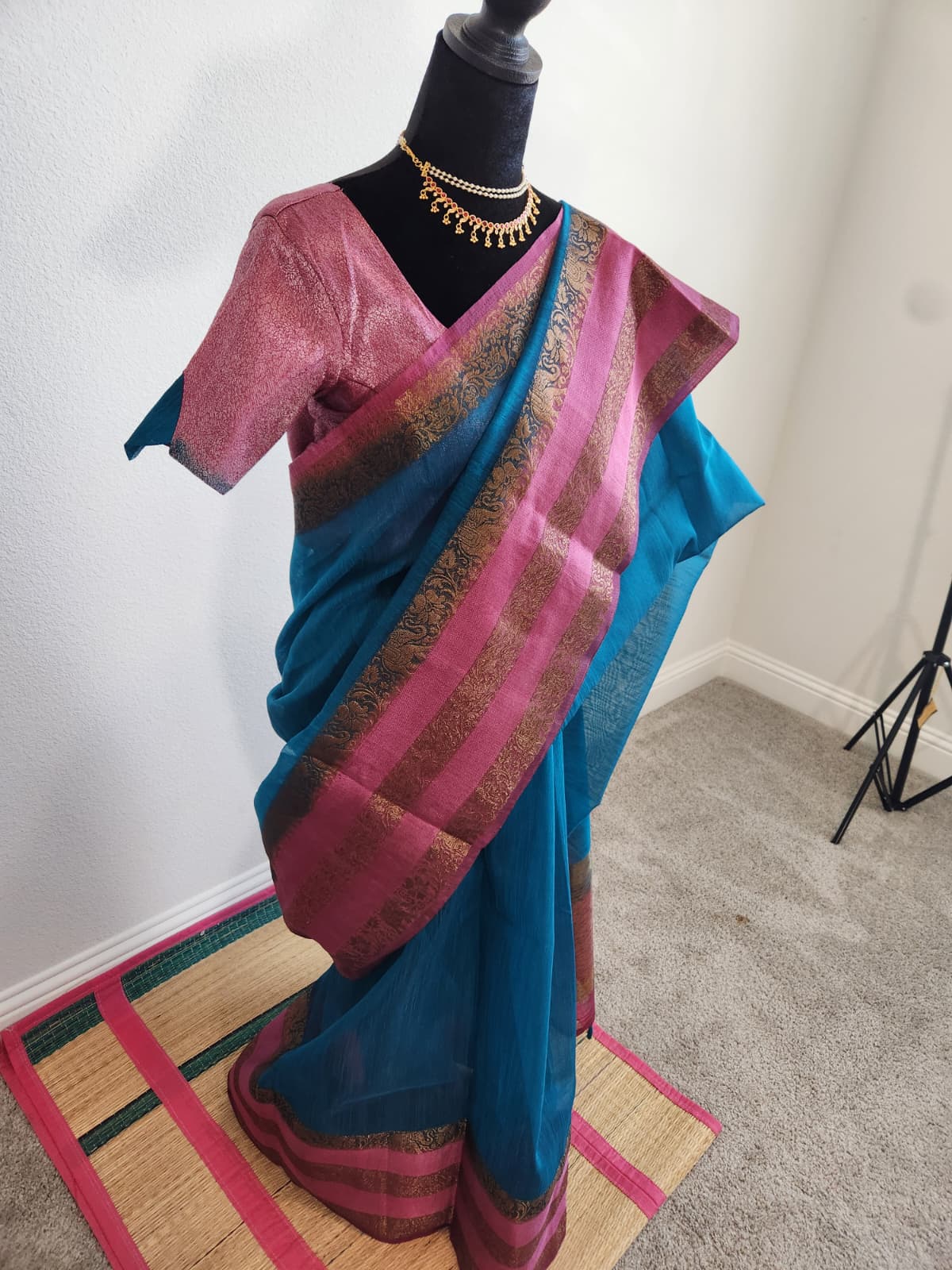 Blue & Baby Pink Jute Silk Saree with Double Gap Border