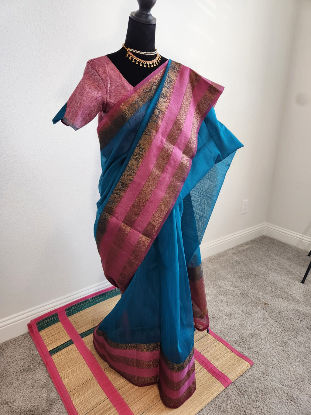 Blue & Baby Pink Jute Silk Saree with Double Gap Border