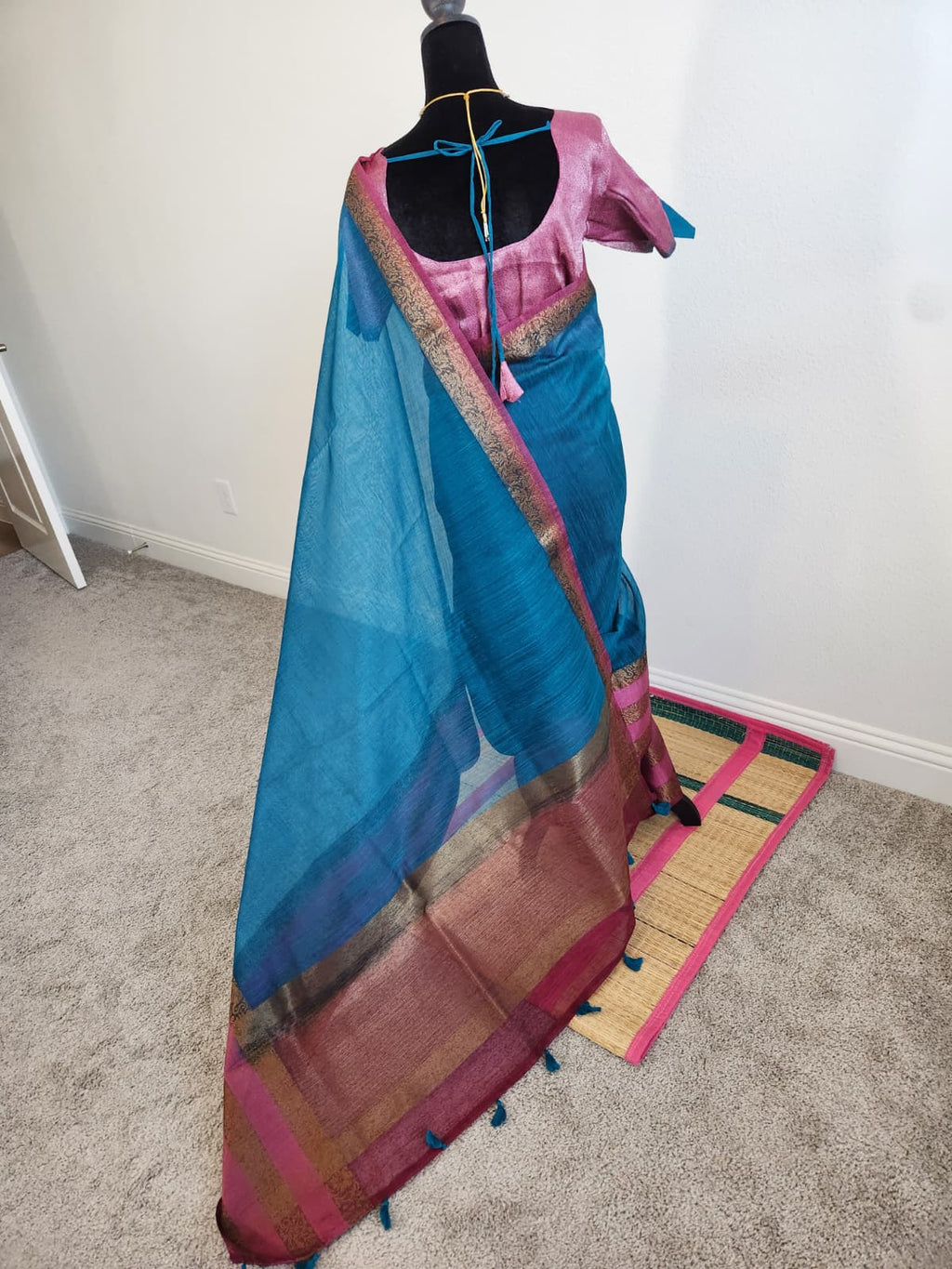 Blue & Baby Pink Jute Silk Saree with Double Gap Border