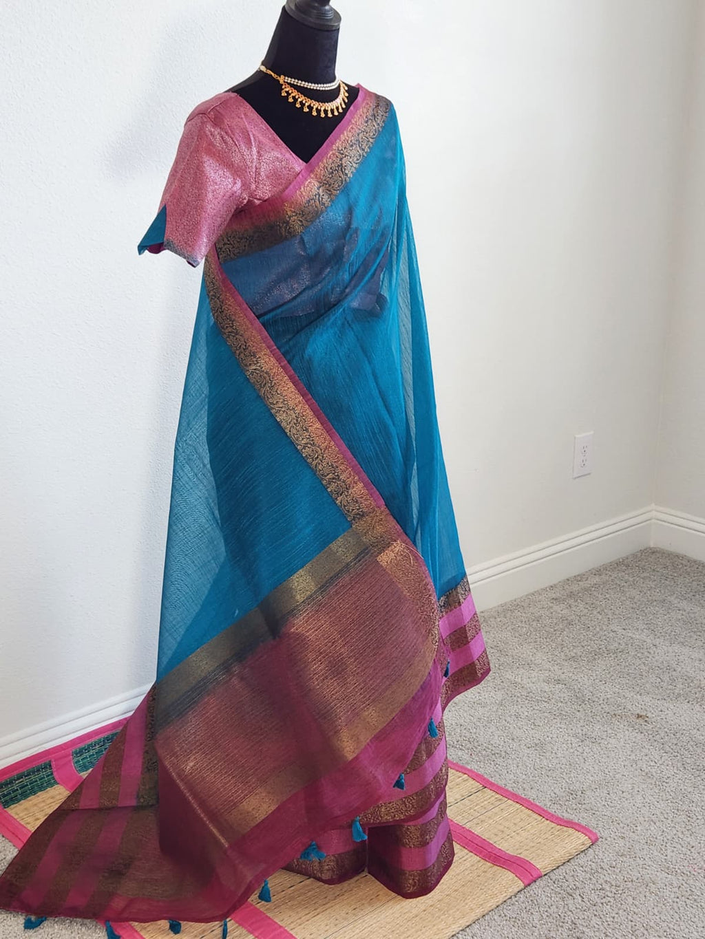 Blue & Baby Pink Jute Silk Saree with Double Gap Border