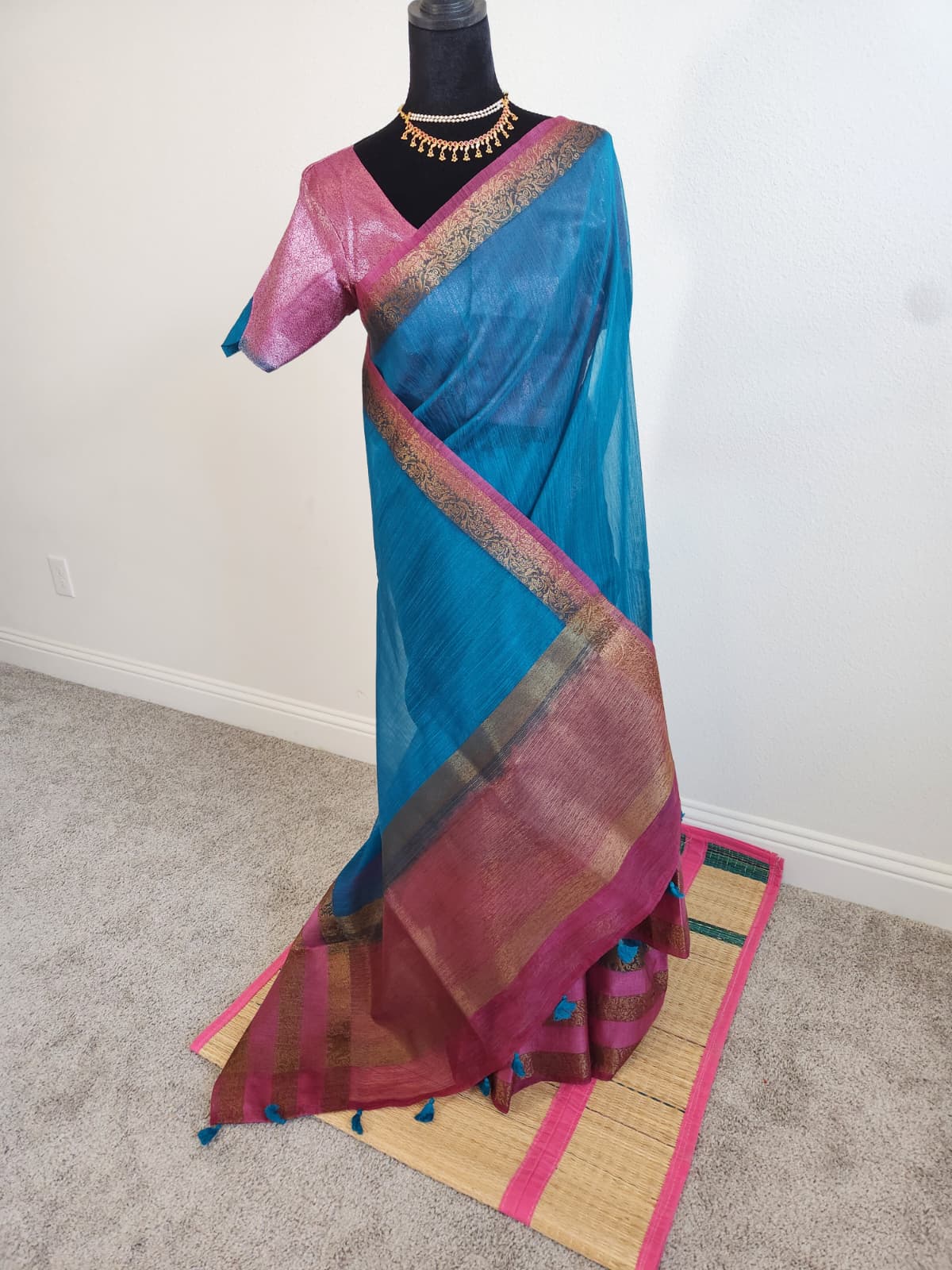Blue & Baby Pink Jute Silk Saree with Double Gap Border
