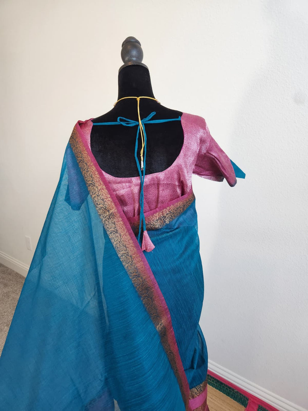 Blue & Baby Pink Jute Silk Saree with Double Gap Border