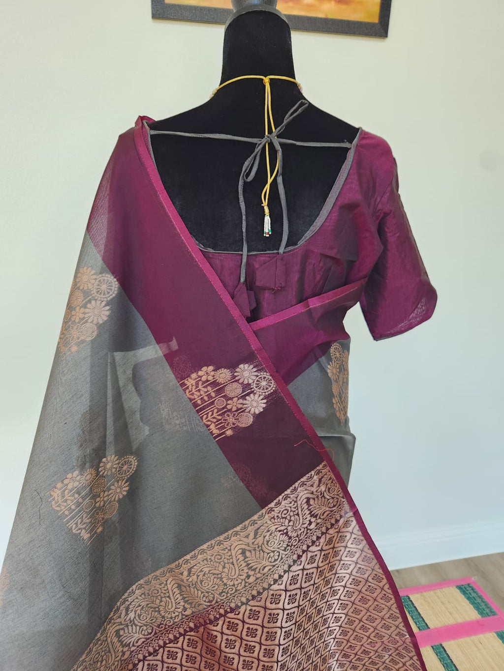Gray Kanchi Silk Cotton Saree, Gold Zari Brocade