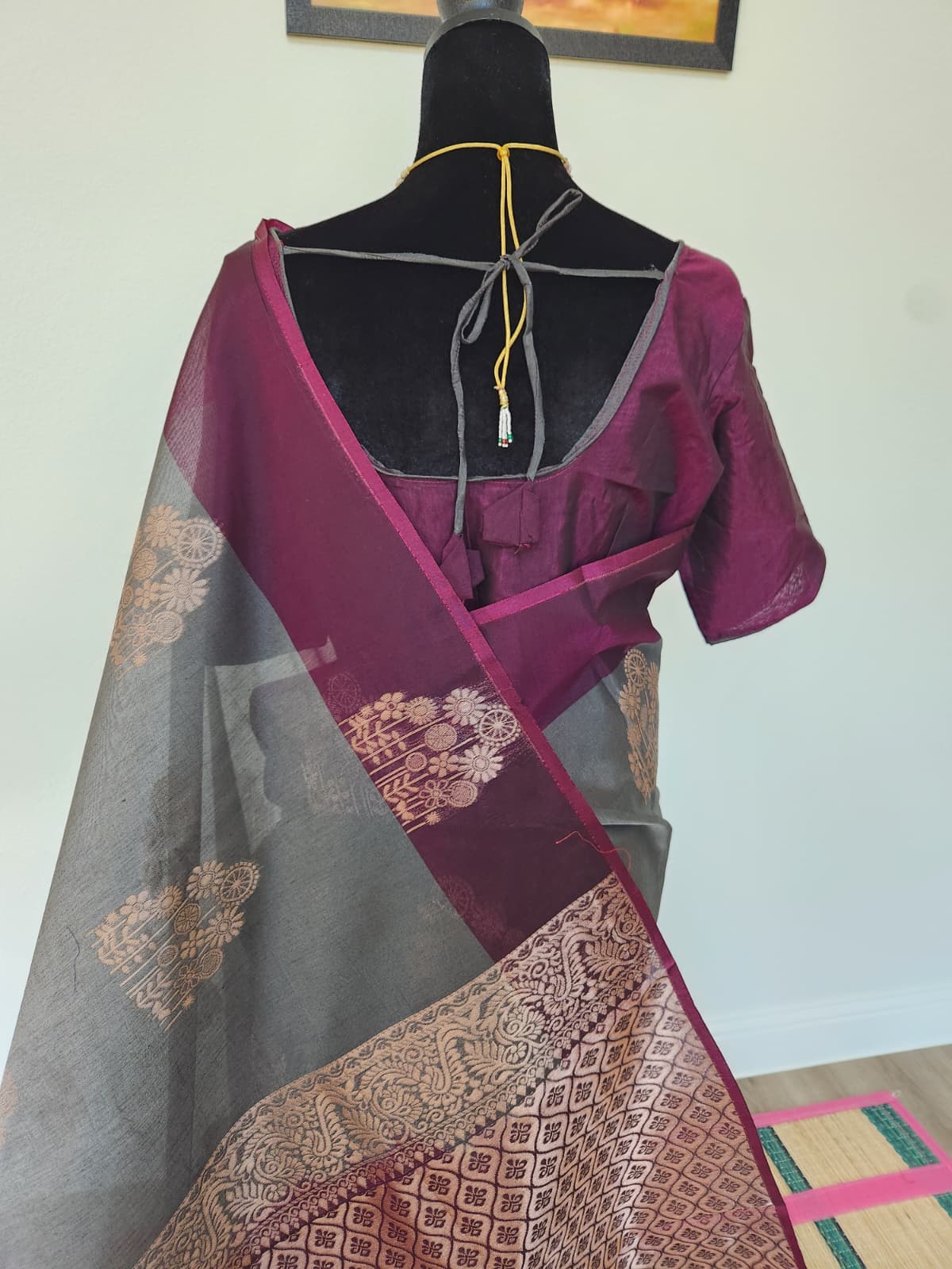 Gray Kanchi Silk Cotton Saree, Gold Zari Brocade