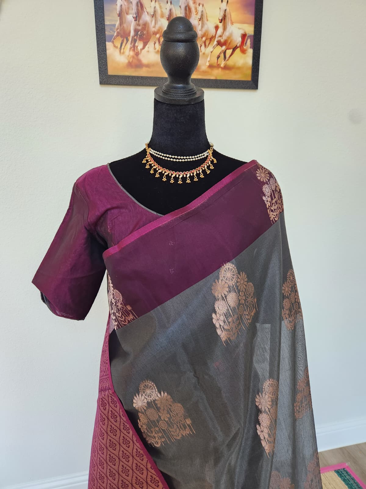 Gray Kanchi Silk Cotton Saree, Gold Zari Brocade