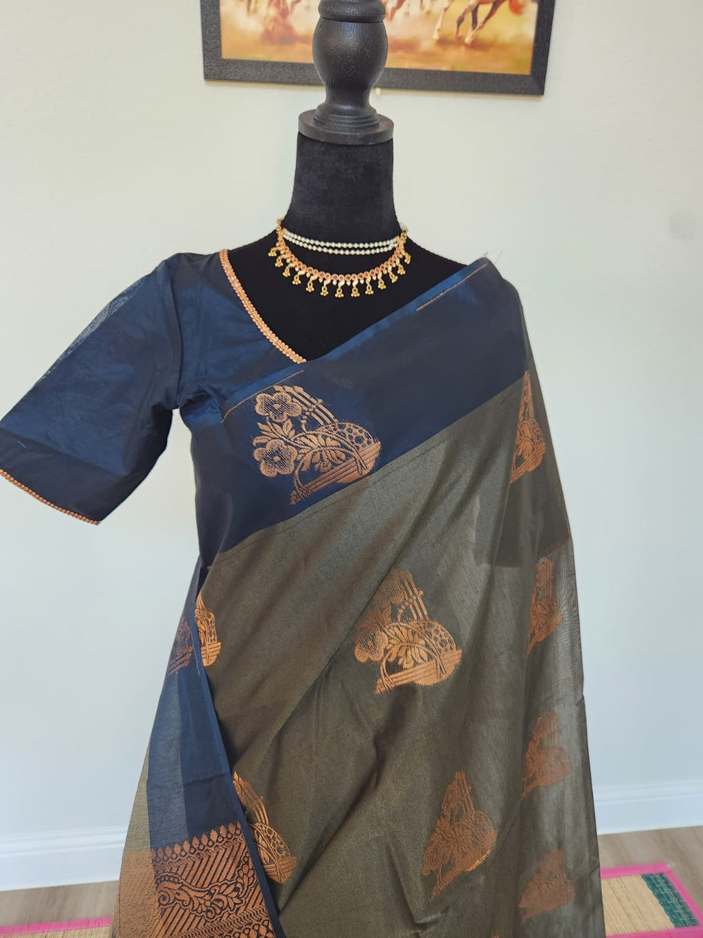 Green Kanchi Silk Cotton Saree, Gold Zari Brocade