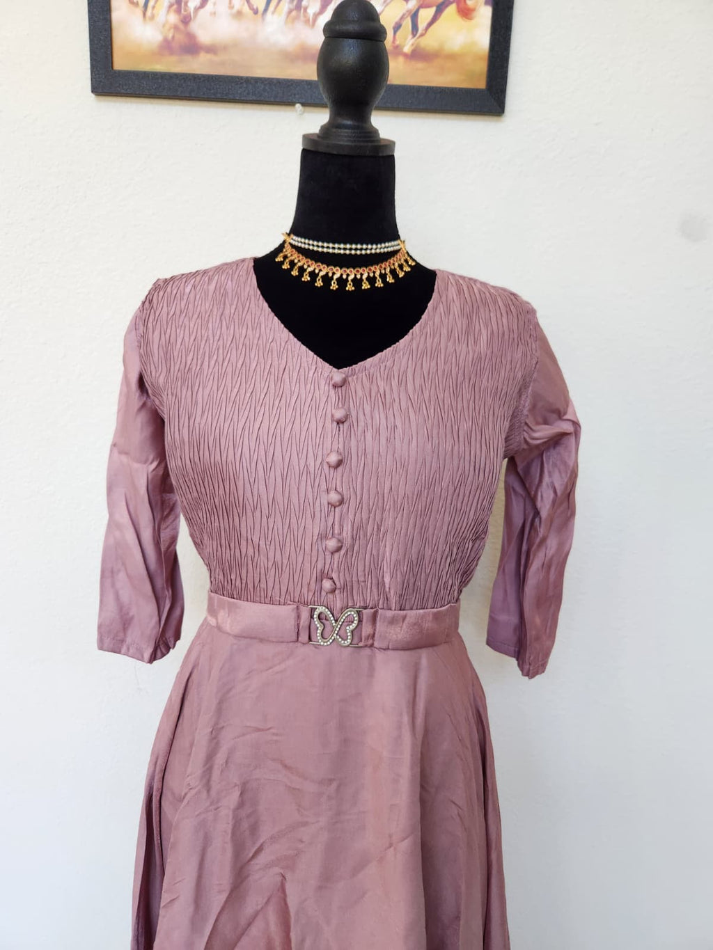 Dusty Mauve Pink Tissue Silk V-Neck Gown with Belt