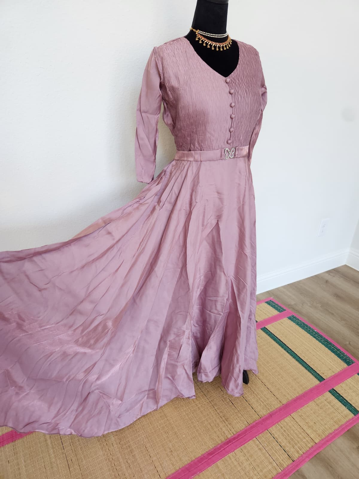 Dusty Mauve Pink Tissue Silk V-Neck Gown with Belt