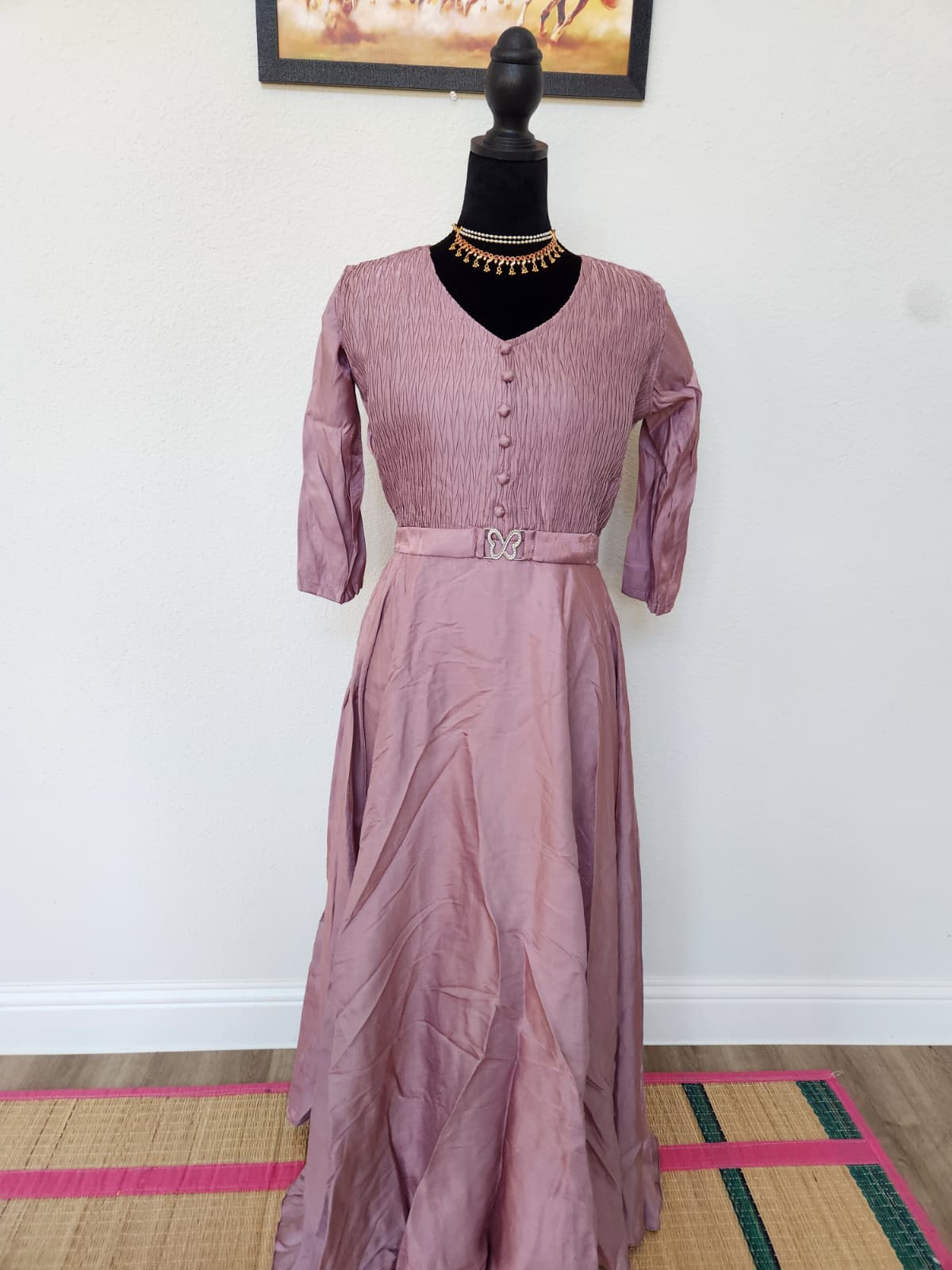 Dusty Mauve Pink Tissue Silk V-Neck Gown with Belt